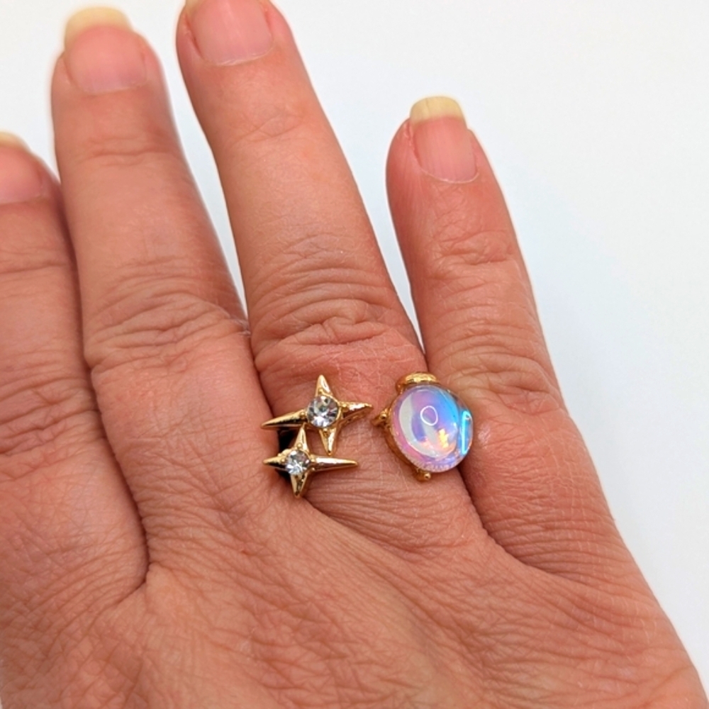Moonstone Ring Gold Tone Ckear Rhinestone Geometric Adjustable